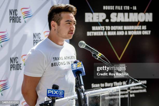 Pride Grand Marshal Schuyler Bailar speaks at the 2022 New York City Pride march press conference on June 26, 2022 in New York City.