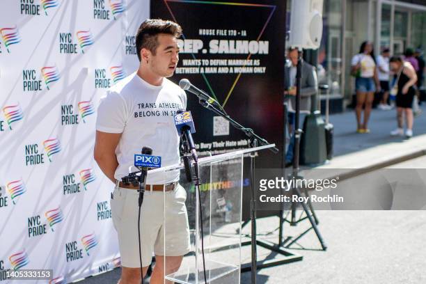 Pride Grand Marshal Schuyler Bailar speaks at the 2022 New York City Pride march press conference on June 26, 2022 in New York City.