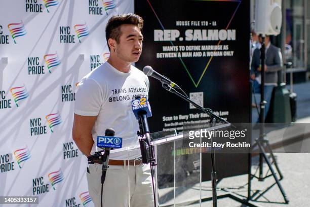 Pride Grand Marshal Schuyler Bailar speaks at the 2022 New York City Pride march press conference on June 26, 2022 in New York City.