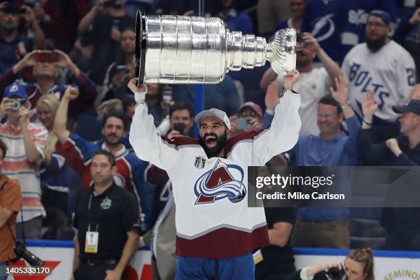 Nazem Kadri of the Colorado Avalanche lifts the Stanley Cup after defeating the Tampa Bay Lightning 2-1 in Game Six of the 2022 NHL Stanley Cup Final...