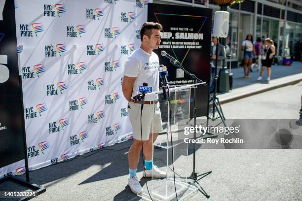 Pride Grand Marshal Schuyler Bailar speaks at the 2022 New York City Pride march press conference on June 26, 2022 in New York City.