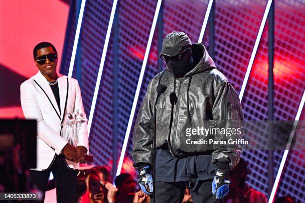 Babyface and Kanye West onstage during the 2022 BET Awards at Microsoft Theater on June 26, 2022 in Los Angeles, California.