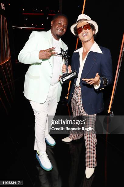 Mile and Album of the Year winner Bruno Mars pose backstage during the 2022 BET Awards at Microsoft Theater on June 26, 2022 in Los Angeles,...
