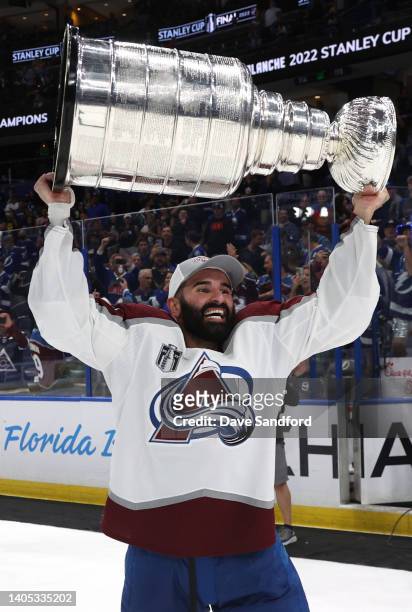 Nazem Kadri of the Colorado Avalanche hoists the Stanley Cup after the Colorado Avalanche defeated the Tampa Bay Lightning in Game Six of the 2022...
