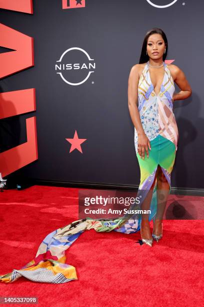 Keke Palmer poses in in the press room during the 2022 BET Awards at Microsoft Theater on June 26, 2022 in Los Angeles, California.