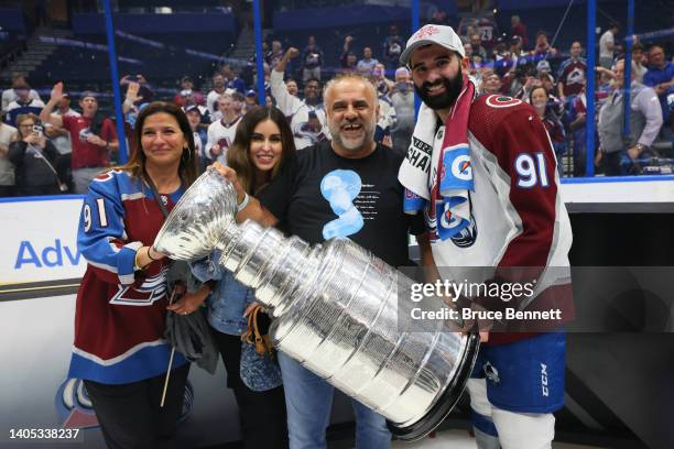 Nazem Kadri of the Colorado Avalanche poses for a photo after defeating the Tampa Bay Lightning 2-1 in Game Six of the 2022 NHL Stanley Cup Final at...