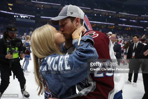Nathan MacKinnon of the Colorado Avalanche celebrates after defeating the Tampa Bay Lightning 2-1 in Game Six of the 2022 NHL Stanley Cup Final at...