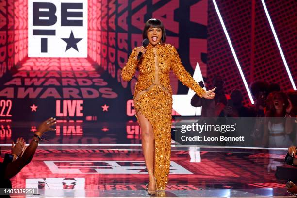 Host Taraji P. Henson speaks onstage during the 2022 BET Awards at Microsoft Theater on June 26, 2022 in Los Angeles, California.