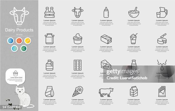 ilustrações de stock, clip art, desenhos animados e ícones de dairy products line icons content infographic - milk