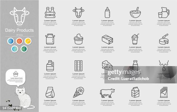 dairy products line icons content infographic - milk bottle drawing stock illustrations