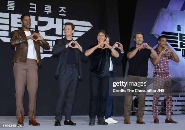 Actor Jay Ellis, Miles Teller, Tom Cruise, Jerry Bruckheimer, Glen Powell, Greg Tarzan Davis during a press conference of the movie 'Top Gun:...