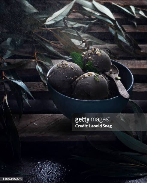 chocolate ice cream balls in blue bowl on wooden background - sundae stock pictures, royalty-free photos & images