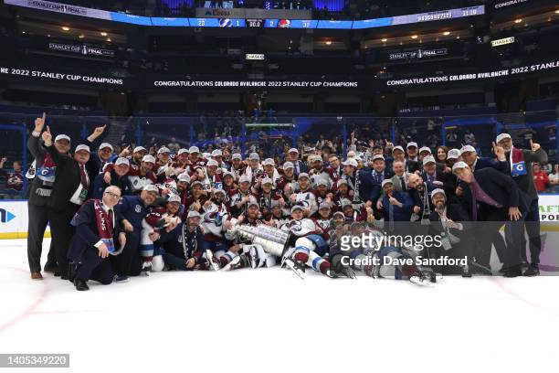 The Colorado Avalanche pose for a team photo with the Stanley Cup after defeating the Tampa Bay Lightning in Game Six of the 2022 Stanley Cup Final...