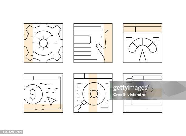 search engine and development line icons design - computer programmer team stock illustrations
