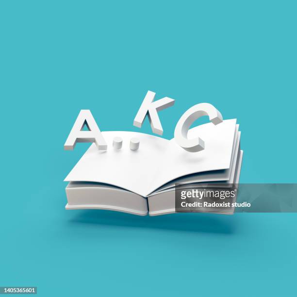 opened book with alphabet letters - stylized 3d cgi icon object - reference book stock pictures, royalty-free photos & images