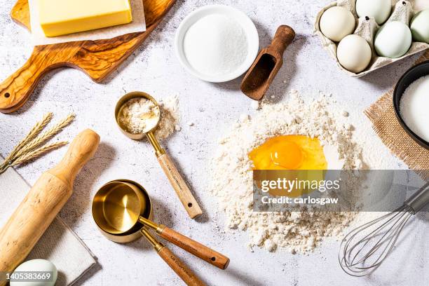 bakery ingredients and utensils background - ingredient stock pictures, royalty-free photos & images
