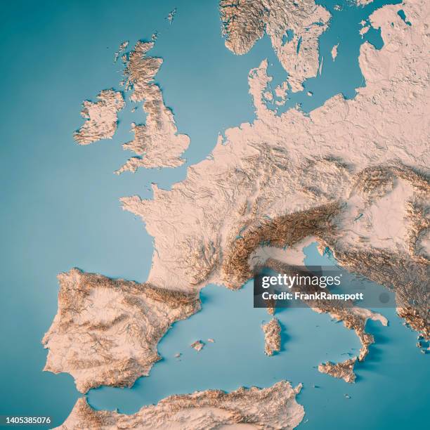 western europe 3d render topographic map neutral - topographic map stock pictures, royalty-free photos & images