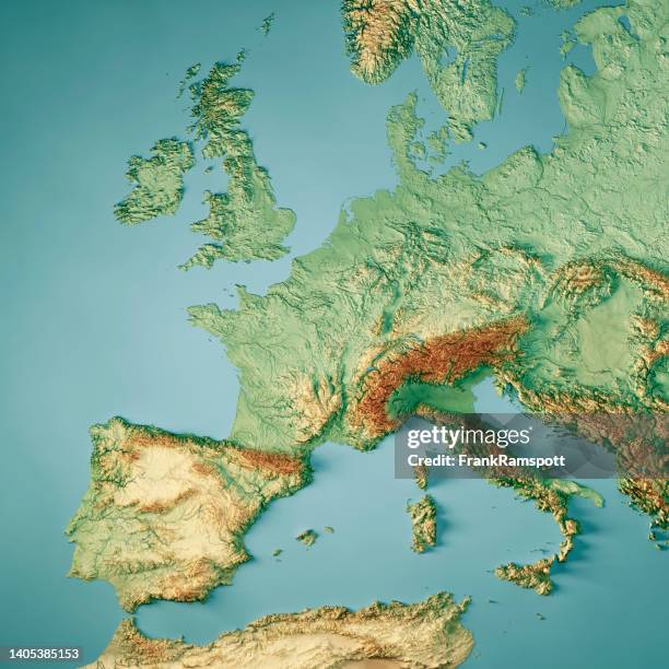 westeuropa 3d-rendern topografische kartenfarbe - western europe stock-fotos und bilder