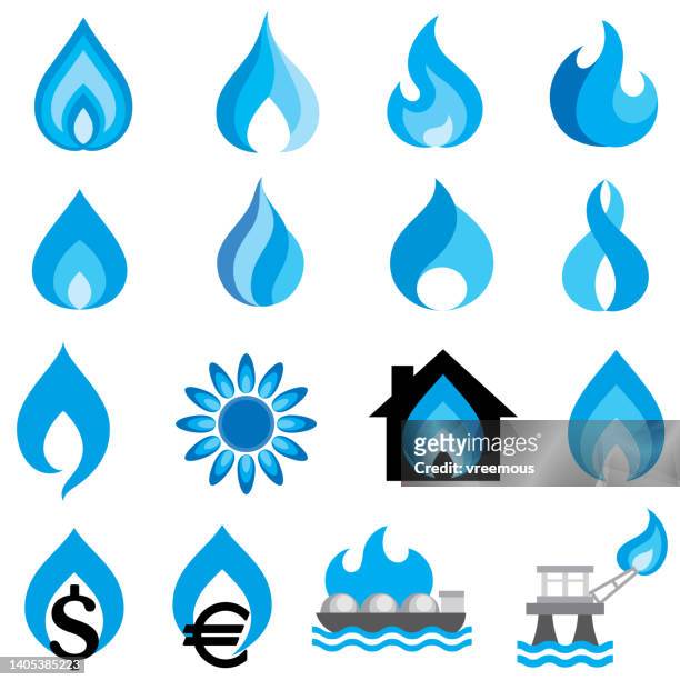 natural gas flames, production and usage icons - gas stock illustrations