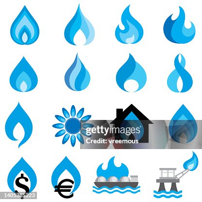 Natural Gas Flames, Production and Usage Icons Natural Gas Flames, Production and Usage Icons