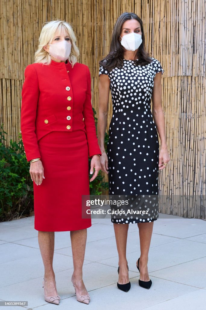 Queen Letizia and First Lady Jill Biden Visit Cancer Association In Madrid