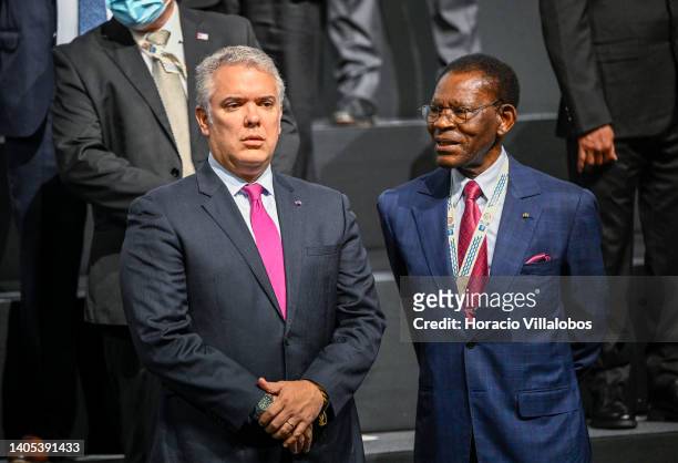 Colombian President Ivan Duque Marquez and the President of Equatorial Guinea Teodoro Obiang Nguema Mbasogo pose for the family photo during...