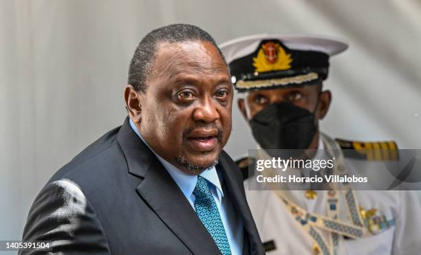 Co-President of the Second UN Ocean Conference, Kenyan President Uhuru Kenyatta, arrives at the premises during the inaugural day of the UN Ocean...