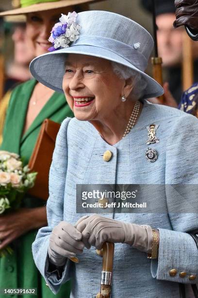 Queen Elizabeth II during the traditional Ceremony of the Keys at Holyroodhouse on June 27, 2022 in Edinburgh, Scotland. Members of the Royal Family...