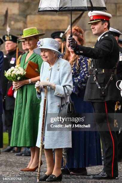 Queen Elizabeth II during the traditional Ceremony of the Keys at Holyroodhouse on June 27, 2022 in Edinburgh, Scotland. Members of the Royal Family...