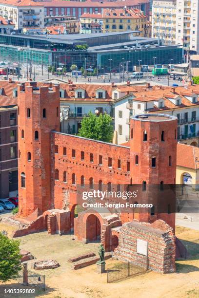 high angle view of porta palatina, roman-age landmark in turin,italy - porta palatina stock pictures, royalty-free photos & images