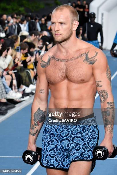Model walks the runway during the Marine Serre Ready to Wear Spring/Summer 2023 fashion show as part of the Paris Men Fashion Week on June 25, 2022...