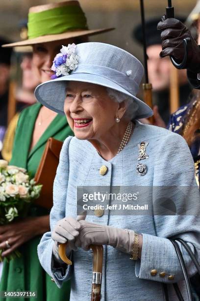 Queen Elizabeth II during the traditional Ceremony of the Keys at Holyroodhouse on June 27, 2022 in Edinburgh, Scotland. Members of the Royal Family...