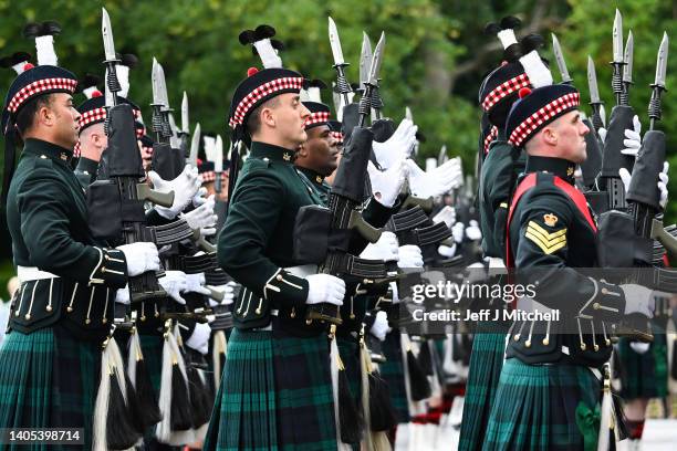 The guard of honour, Balaklava Company, The Argyll and Sutherland Highlanders, 5th Battalion The Royal Regiment of Scotland during the traditional...