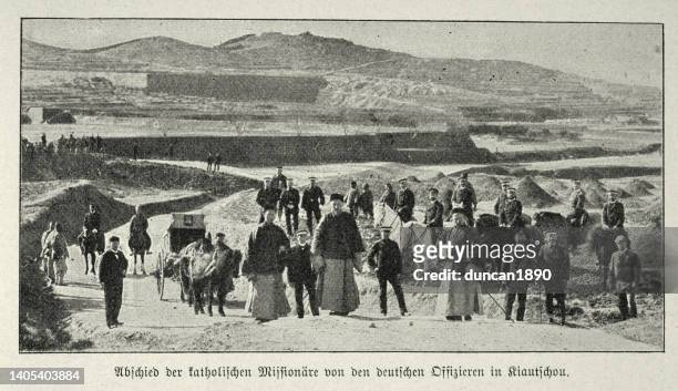 farewell of the catholic missionaries to the german officers in kiautschou, china, 1890s, 19th century - imperialism stock illustrations
