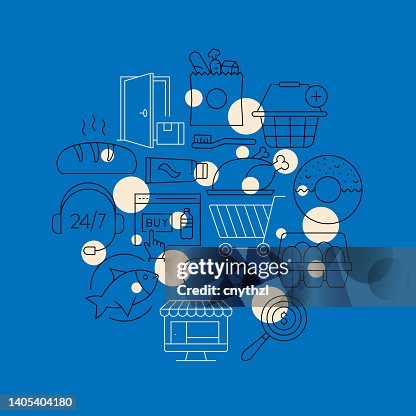 Internet Grocery Related Design Element. Pattern Design with Outline Icons. Colorful Vector Illustration Internet Grocery Related Design Element. Pattern Design with Outline Icons. Colorful Vector Illustration