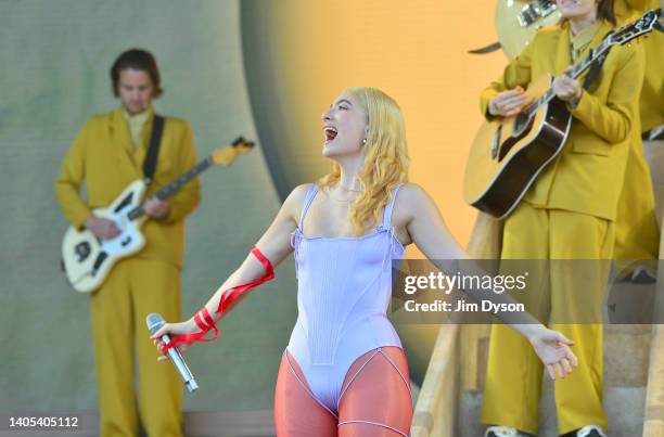 Lorde performs on the Pyramid Stage during day five of Glastonbury Festival at Worthy Farm, Pilton on June 26, 2022 in Glastonbury, England. The 50th...