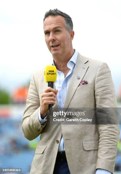 Commentator Michael Vaughan during day five of the Third LV= Insurance Test Match between England and New Zealand at Headingley on June 27, 2022 in...