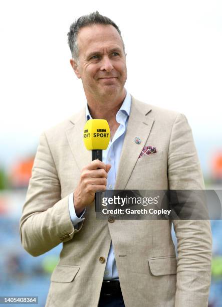 Commentator Michael Vaughan during day five of the Third LV= Insurance Test Match between England and New Zealand at Headingley on June 27, 2022 in...
