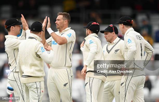 Tim Southee of New Zealand celebrates taking the wicket of Ollie Pope of England with teammates during Day Five of the Third LV= Insurance Test Match...