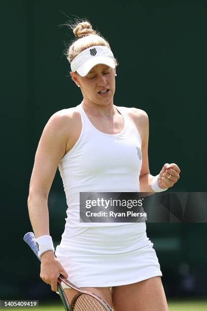 Alison Riske of United States reacts against Ylena In-Albon of Switzerland during the Women's Singles First Round match during Day One of The...