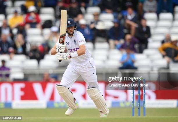 Joe Root of England hits during Day Five of the Third LV= Insurance Test Match at Headingley on June 27, 2022 in Leeds, England.