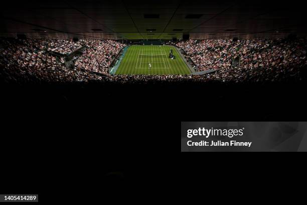 General view as Novak Djokovic of Serbia serves against Soonwoo Kwon of South Korea during the Men's Singles First Round match during Day One of The...