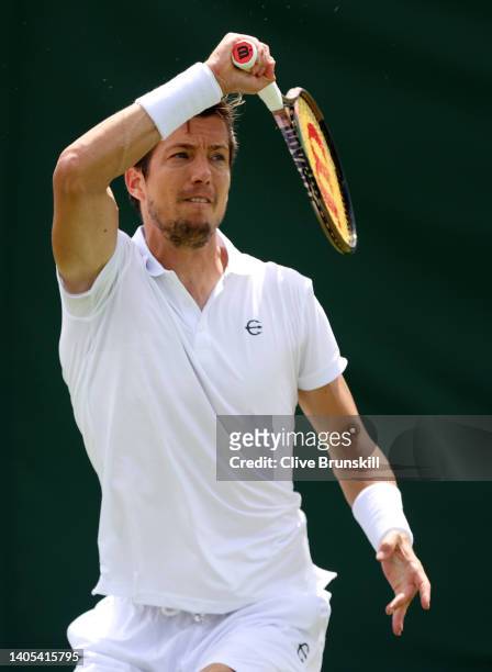 Aljaz Bedene of Slovenia plays a forehand against Maximilian Marterer of Germany during the Men's Singles First Round match during Day One of The...