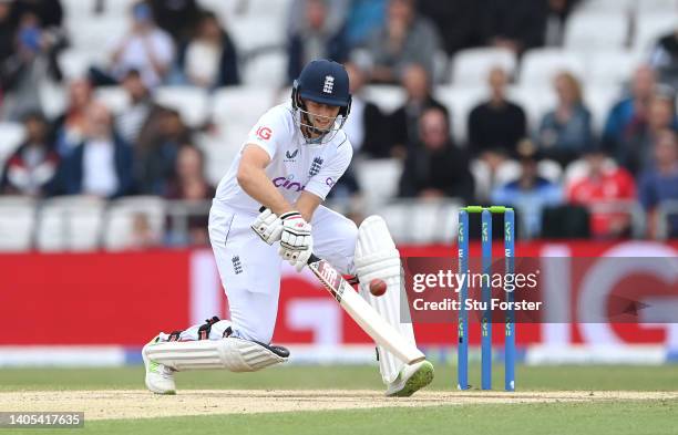 England batsman Joe Root attempts a reverse scoop during day five of the third Test Match between England and New Zealand at Headingley on June 27,...