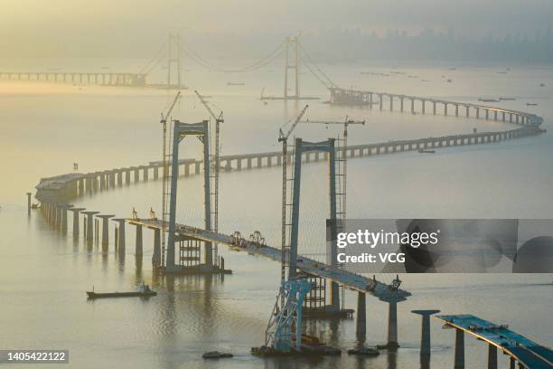 Aerial view of Zhongshan section of Shenzhen-Zhongshan Bridge on June 26, 2022 in Zhongshan, Guangdong Province of China. Zhongshan section of...