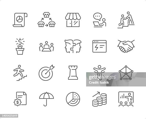 retail business icon set. editable stroke weight. pixel perfect icons. - franchise stock illustrations