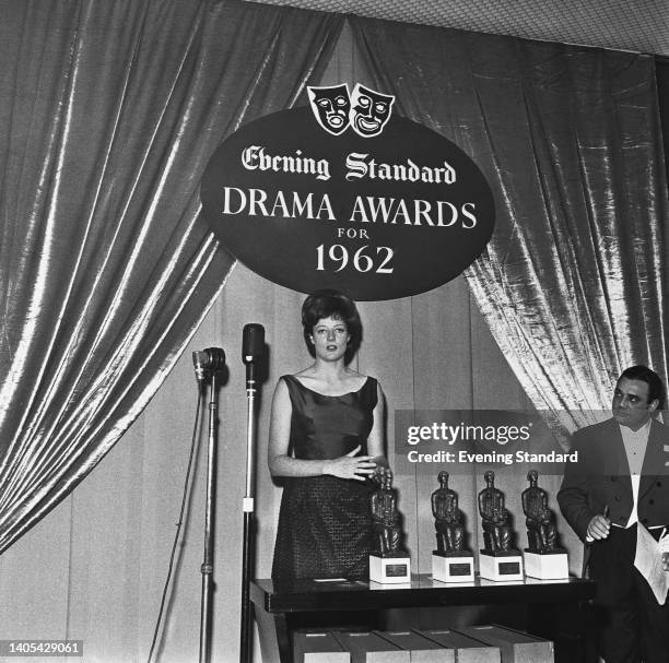 British actress Maggie Smith accepting her 'Best Actress' award at the Evening Standard Drama Awards for 1962, held at the Savoy Hotel, London,...