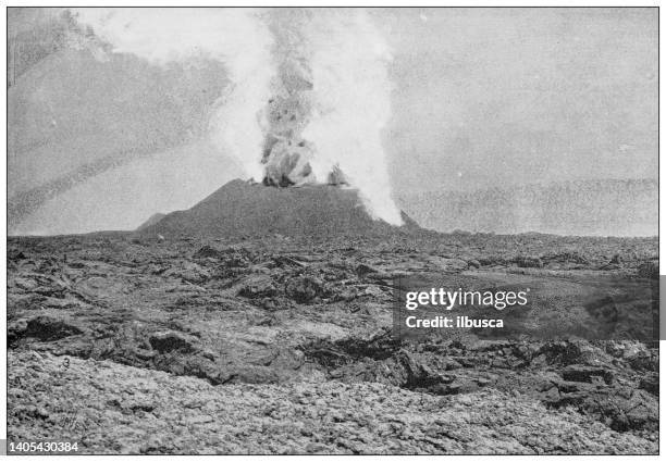 antique photo: mauna loa volcano, hawaii, eruption and aftermath - mauna loa lava stock illustrations