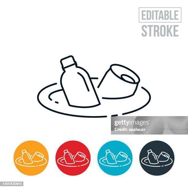 trash floating in water thin line icon - editable stroke - drinks can production stock illustrations