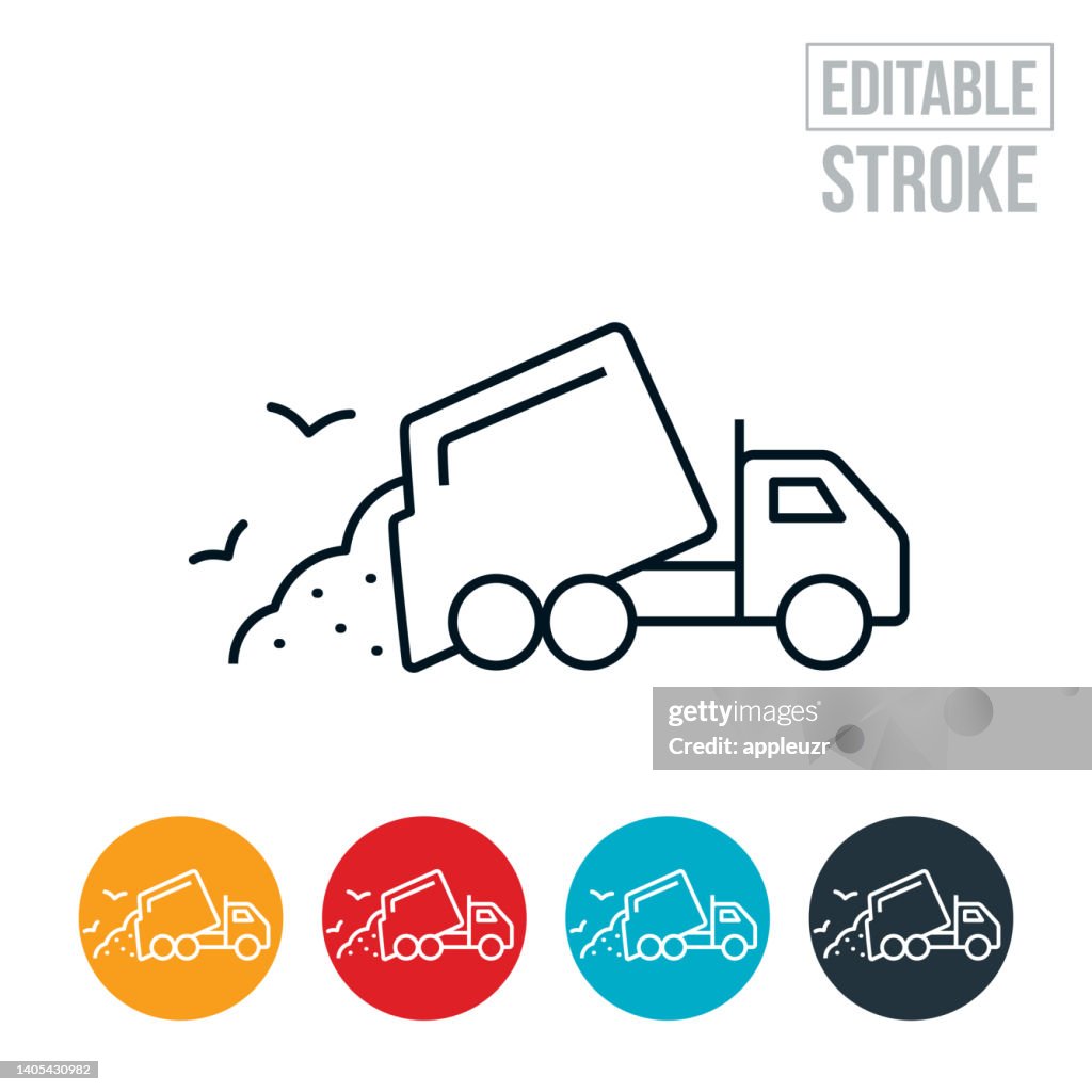 Garbage Truck Dumping Trash At Landfill Thin Line Icon - Editable Stroke